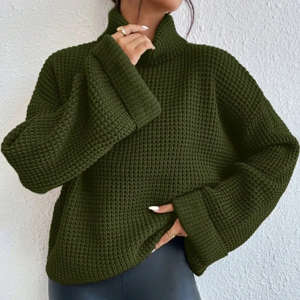 Army Green Casual Women's Turtleneck Long Sleeve Sweater - Picture 4 of 6